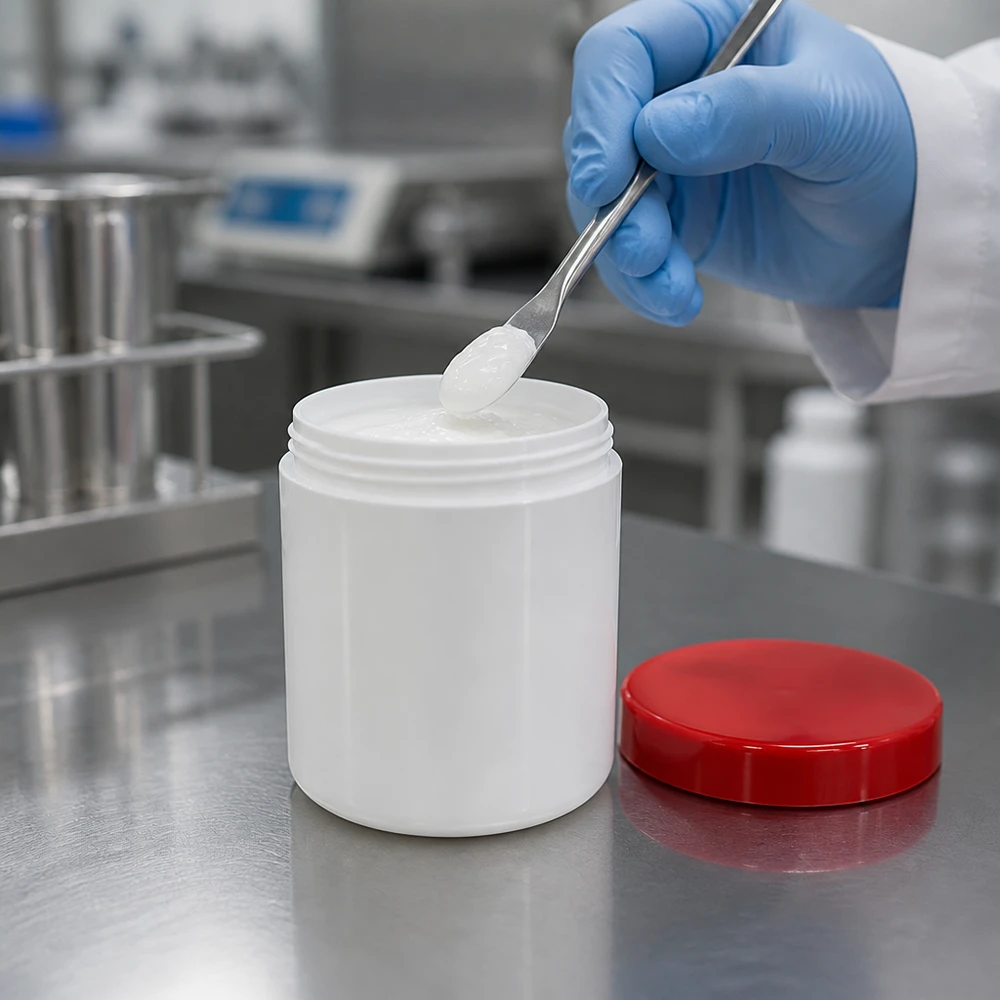 Salbenkruke 250g weiß PP-Kunststoff roter Schraubdeckel Labor pharmazeutische Abfüllung professionell