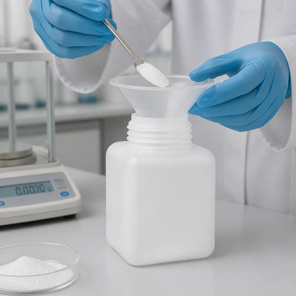 Chemikalienflasche 500ml Weithals PE-HD naturfarben für professionellen Laboreinsatz beim Abfüllen von Pulver