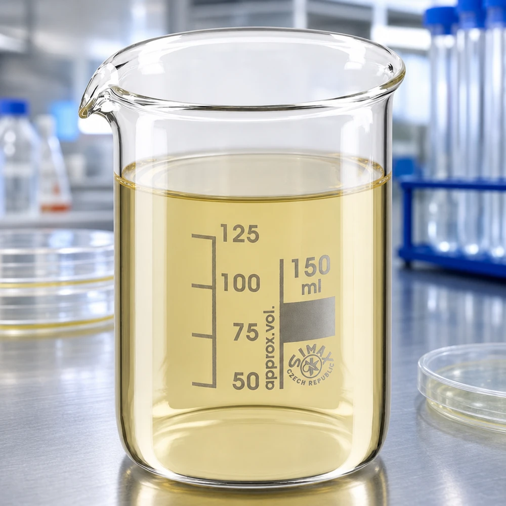 Becherglas 150ml Borosilikatglas, niedrige Form Becherglas 150ml Borosilikatglas niedrige Form mit gelblicher Flüssigkeit für professionelle Laboranwendungen