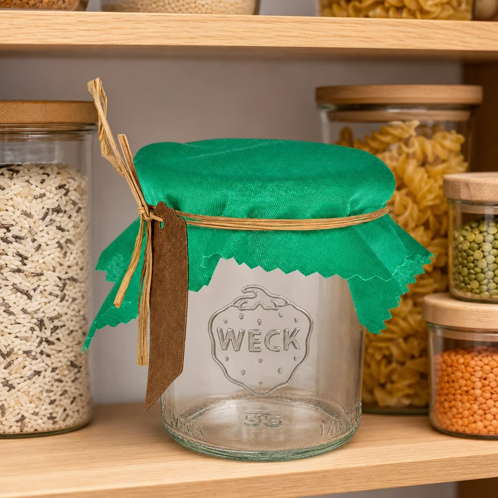Stoff Schmuckdeckchen grün 12cm eckig Grünes Schmuckdeckchen 12cm quadratisch auf Einmachglas in professioneller Pantry-Anwendung für Gewerbebetriebe
