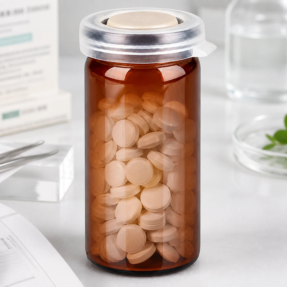 Tabletten/Rollrandglas 10ml braun mit Schnappdeckel Braunes Rollrandglas 10ml mit Schnappdeckel gefüllt mit Tabletten für professionelle pharmazeutische Abfüllung