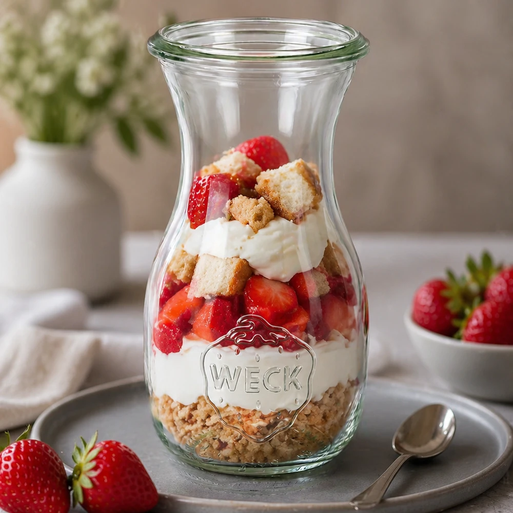 WECK Saftflasche 290ml RR60 als Dessertglas mit Erdbeeren Sahne und Keksen gefüllt auf grauem Teller dekoriert