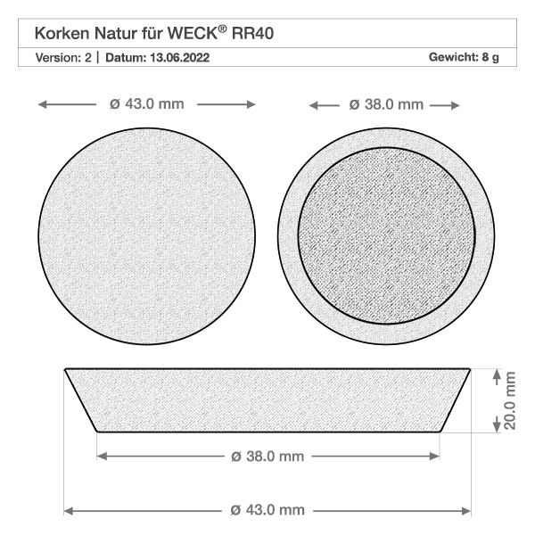 Korken für Öffnung 40mm WECK RR40 (ø38/43, H=20mm) Technische Zeichnung WECK Korken RR40 mit Maßangaben 38mm 43mm Durchmesser 20mm Höhe Naturkork Verschluss