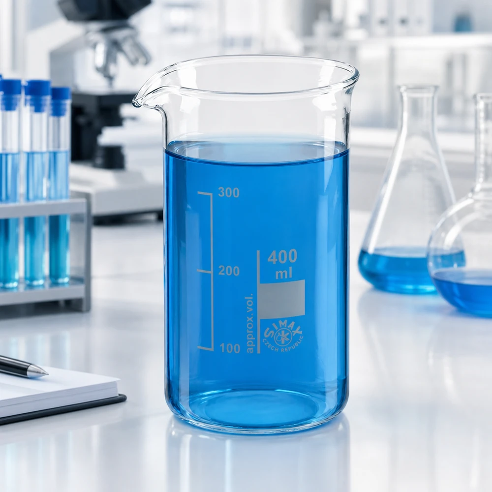 Becherglas 400ml Borosilikatglas, hohe Form Becherglas 400 ml hohe Form aus Borosilikatglas mit blauer Flüssigkeit im Labor für professionellen Einsatz