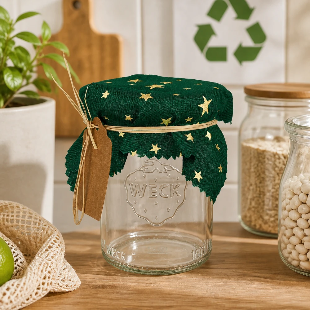 Stoff Schmuckdeckchen grün "Sterne" 12cm eckig Grünes Sterne-Schmuckdeckchen mit Raffia-Band und Anhänger auf Weck-Glas in nachhaltiger Küche 12cm eckig