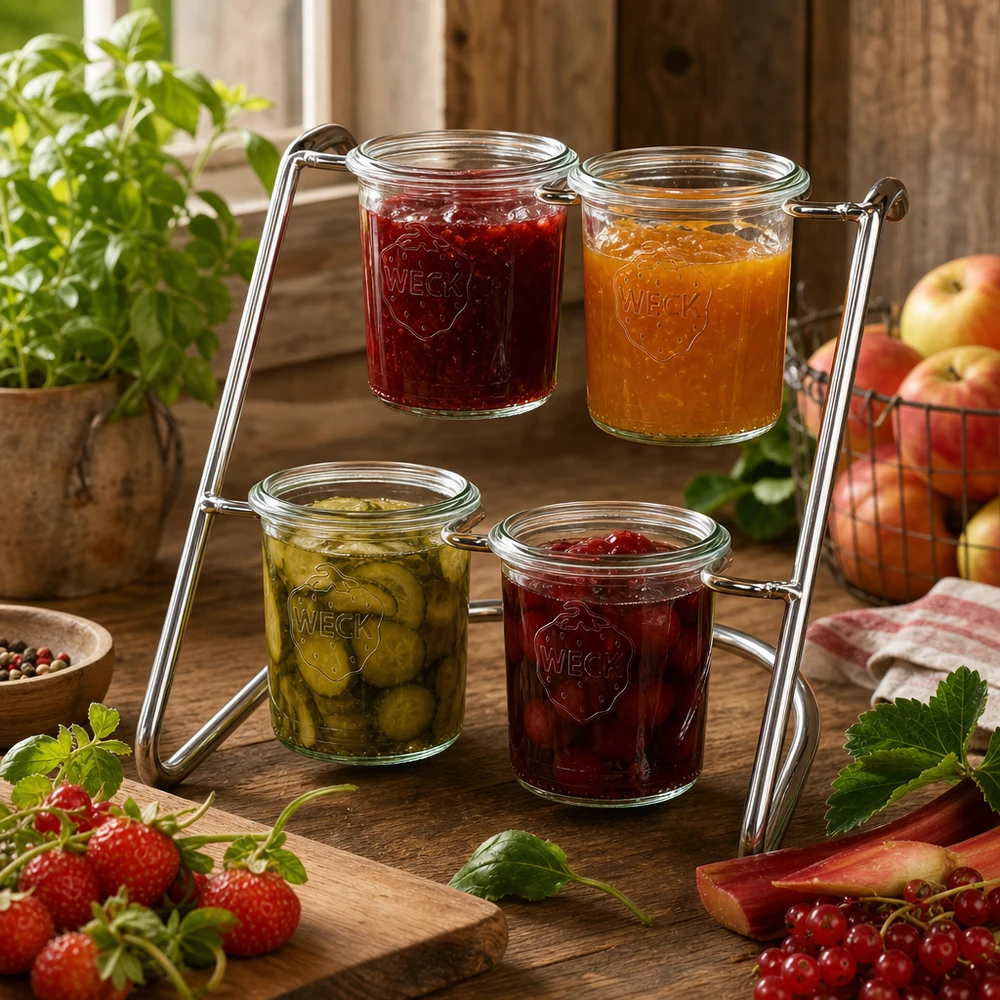 Serviergestell Flato4 für 4 WECK Sturzgläser Serviergestell Flato4 mit gefüllten WECK Gläsern - Marmeladen und Pickles stilvoll serviert in Chromstahl-Halterung