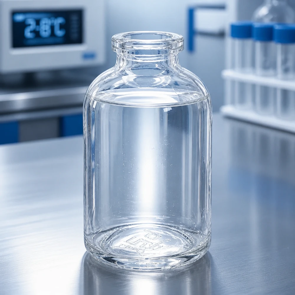 Injektionsflasche Klarglas 50ml Injektionsflasche 50ml Klarglas für pharmazeutischen und gewerblichen Einsatz auf Laboroberfläche