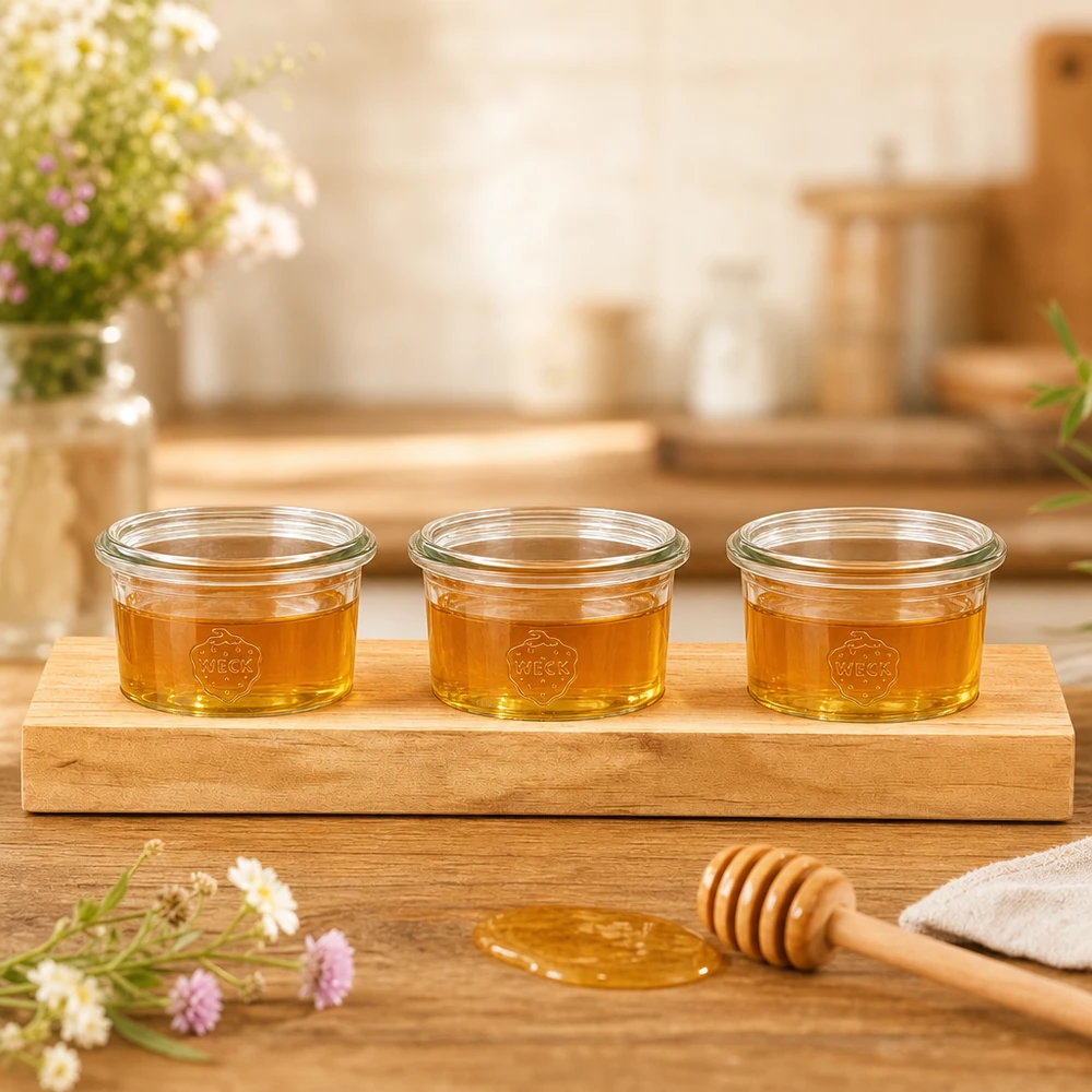 Servierbrett Plano3 mit 3 Weck Sturzgläsern 80ml gefüllt mit goldenem Honig neben Honiglöffel auf Holztisch