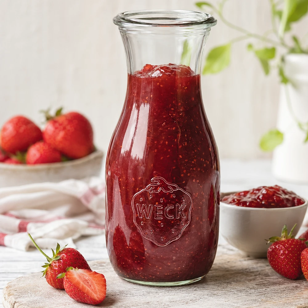 530ml Saftflasche WECK RR60 530ml WECK Saftflasche RR60 mit Erdbeermarmelade gefüllt neben aufgeschnittenen Erdbeeren und weißer Schüssel