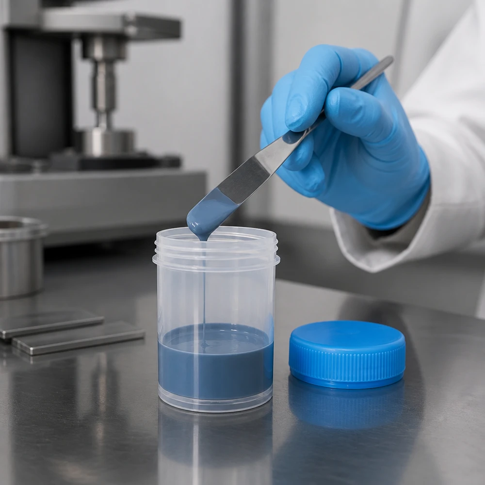 Laborant mit Pinzette befüllt Universal Kunststoffdose Pathogefäss 35ml transparenter Behälter blauer Deckel