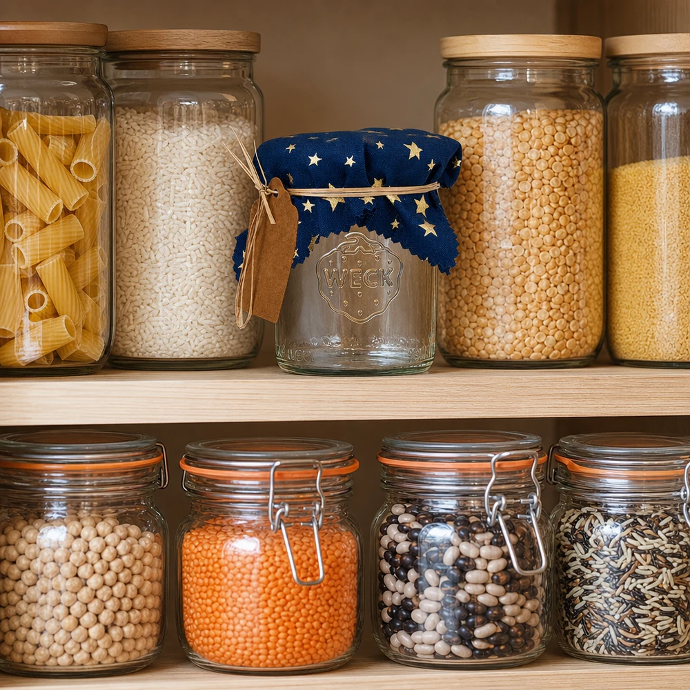 Stoff Schmuckdeckchen blau "Sterne" 12cm eckig Pantry-Organisation mit blauem Sterne-Stoffdeckchen auf Vorratsglas zwischen verschiedenen Hülsenfrüchten und Getreide