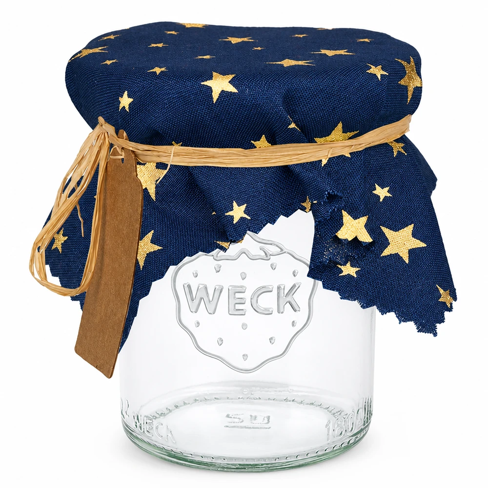 Stoff Schmuckdeckchen blau "Sterne" 15cm eckig Stoff Schmuckdeckchen blau mit goldenen Sternen auf Weck Einmachglas mit Schleife und Etikett 15cm eckig