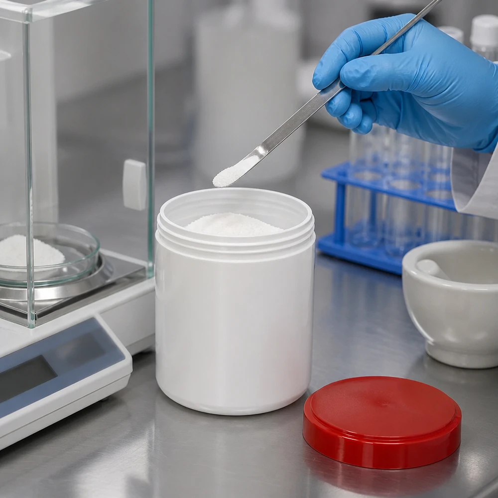 Salbenkruke 30g weiß PP-Kunststoff mit rotem Schraubdeckel im Labor für pharmazeutische Abfüllung