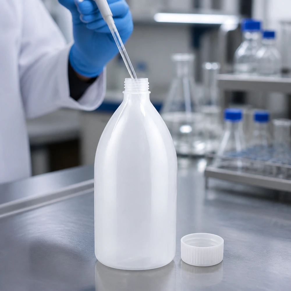 1000ml Laborflasche Enghals ohne Verschluss 1000ml Enghals-Laborflasche aus HDPE ohne Verschluss für professionellen Laboreinsatz bei Pacadura