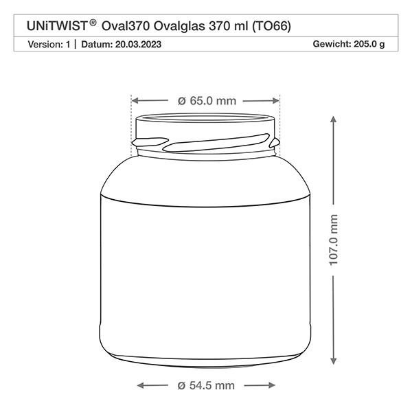 Technische Zeichnung UNiTWIST Oval370 Ovalglas 370ml TO66 mit Maßangaben Durchmesser 65mm Höhe 107mm Gewicht 205g
