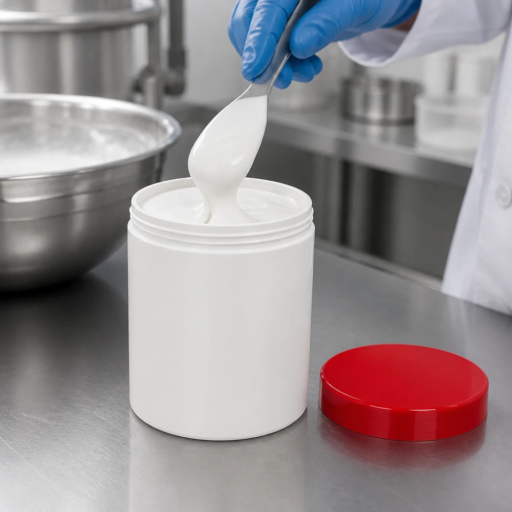 Salbenkruke 300g weiß mit rotem Schraubdeckel (Polypropylen) Salbenkruke 300g weiß PP-Kunststoff mit rotem Schraubdeckel für professionelle Abfüllung im Fachhandel