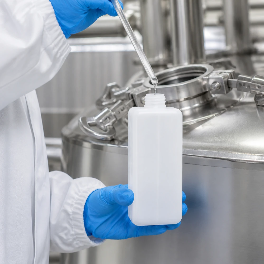 Chemikalienflasche 1000ml PE-HD Enghals GL32 im professionellen Laboreinsatz beim Abfüllen