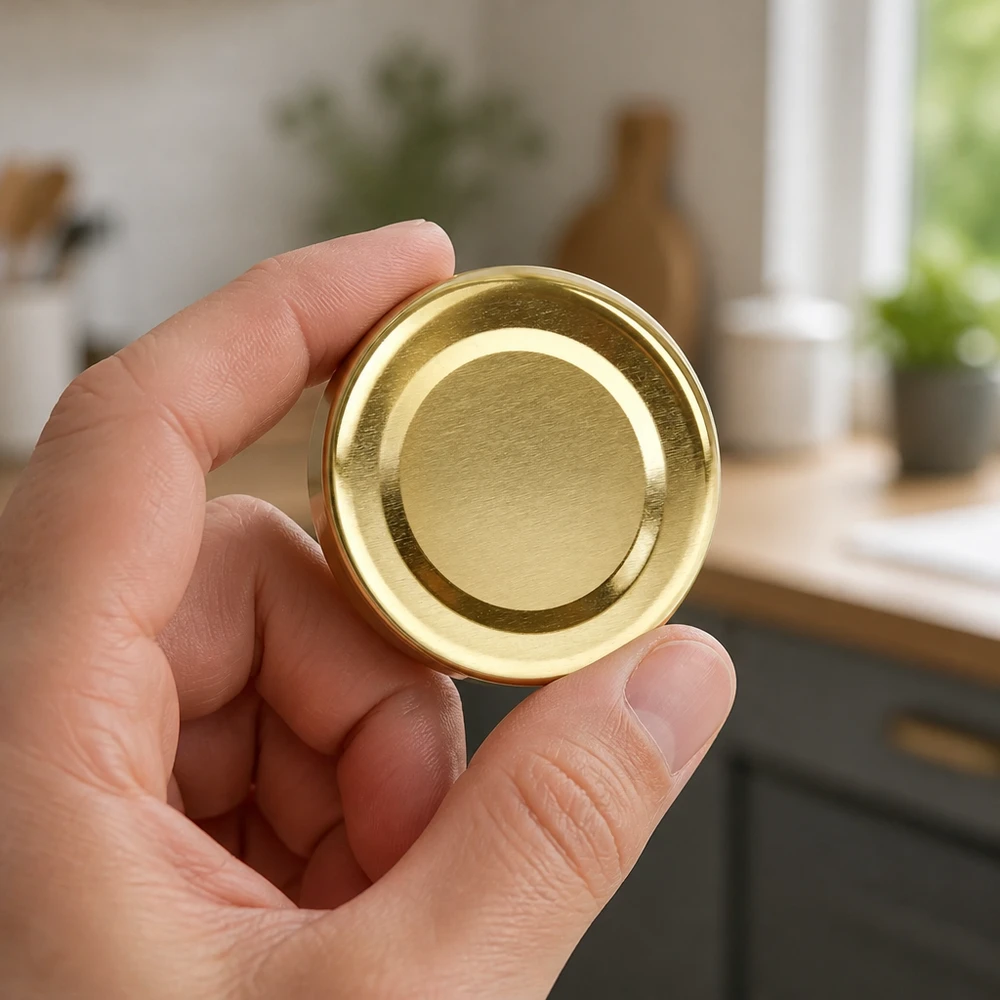 Hand hält goldenen TO48 Twist-Off-Deckel 48mm BasicSeal aus Weißblech für gewerbliche Abfüllung