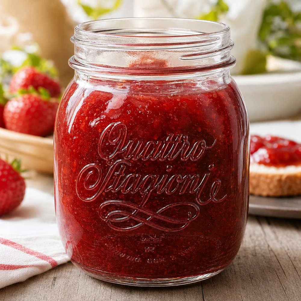 700ml Quattro Stagioni Haushaltsglas mit roter Marmelade gefüllt neben frischen Erdbeeren auf Holztisch