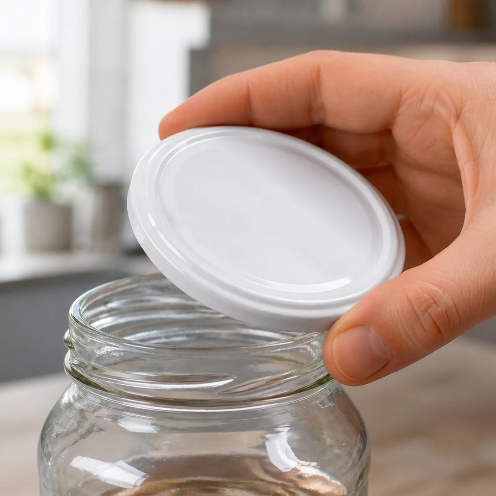Hand hält weißen TO43 Twist-Off-Deckel BioSeal BPA-NI über leeres Glasgefäß Profi-Abfüllung Pacadura