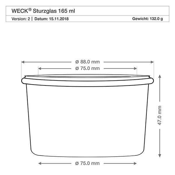 WECK Sturzglas 165ml RR80 technische Zeichnung Maße Durchmesser 88mm Höhe 47mm Gewicht 132g Spezifikation