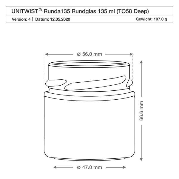UNiTWIST Runda135 Rundglas 135ml TO58 Deep technische Zeichnung mit Maßen 56mm Durchmesser 66,6mm Höhe