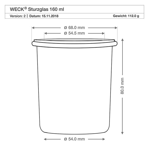 WECK Sturzglas 160ml RR60 technische Zeichnung mit Maßangaben Durchmesser 68mm Höhe 80mm Gewicht 112g