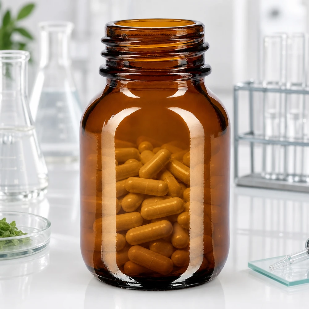 50ml Weithalsflasche Braunglas 50ml Braunglas Weithalsflasche mit Kapseln für professionelle Pharmazie und Laborbedarf bei Pacadura
