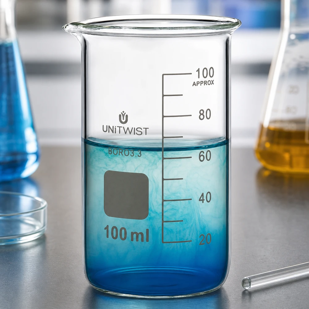 Becherglas 100ml Borosilikat, hohe Form UNiTWIST Becherglas 100ml Borosilikat hohe Form UNITWIST für Labor und Gewerbe mit blauer Flüssigkeit