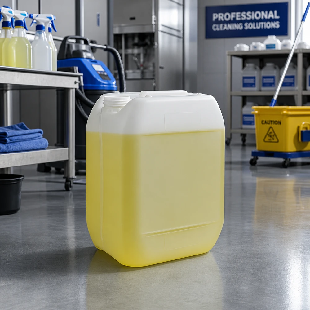 Leerer 10-Liter-Kunststoffkanister ohne Verschluss für professionelle Reinigungsmittel im Gewerbeeinsatz