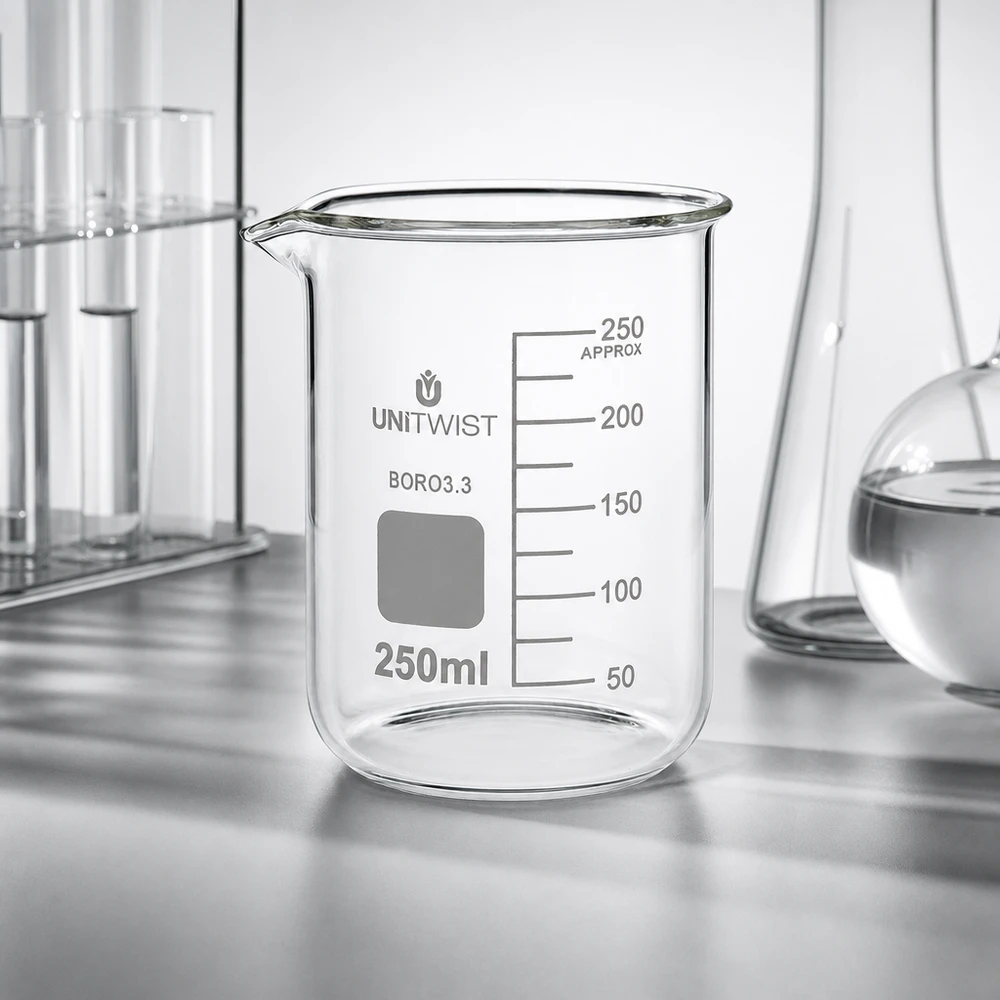 Becherglas 250ml Borosilikat, niedrige Form UNiTWIST Becherglas 250ml Borosilikat niedrige Form UNiTWIST für professionellen Laboreinsatz