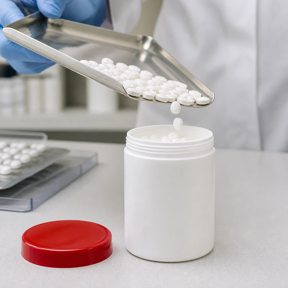 Salbenkruke 50g weiß PP-Kunststoff mit rotem Schraubdeckel für pharmazeutische Abfüllung im Fachhandel