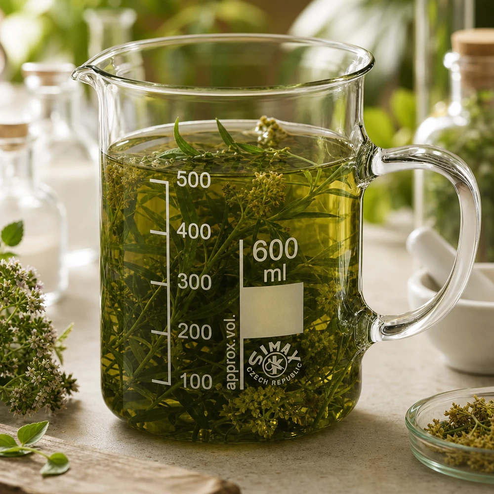 Becherglas 600ml Borosilikatglas mit Henkel gefüllt mit Kräuterextrakt für professionellen Laboreinsatz