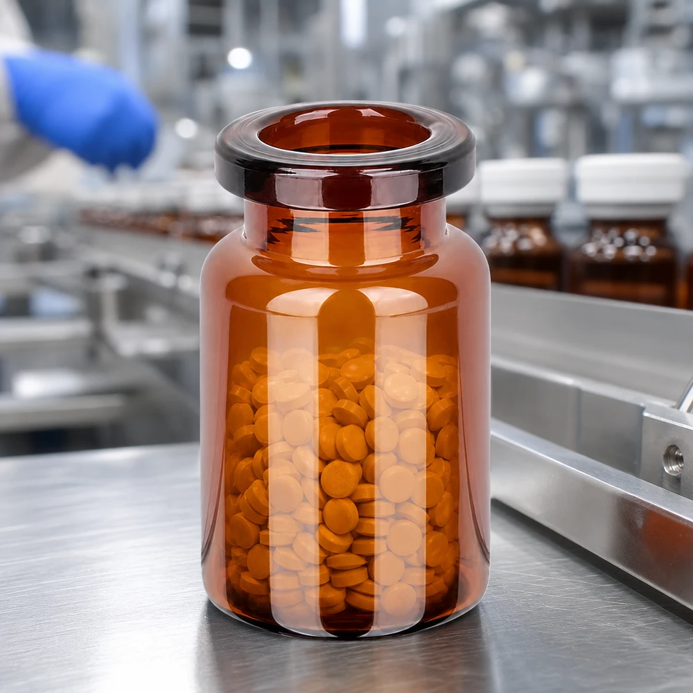 Injektionsflasche Braunglas 5ml Injektionsflasche Braunglas 5ml für pharmazeutischen Einsatz mit Bördelrand auf Produktionslinie