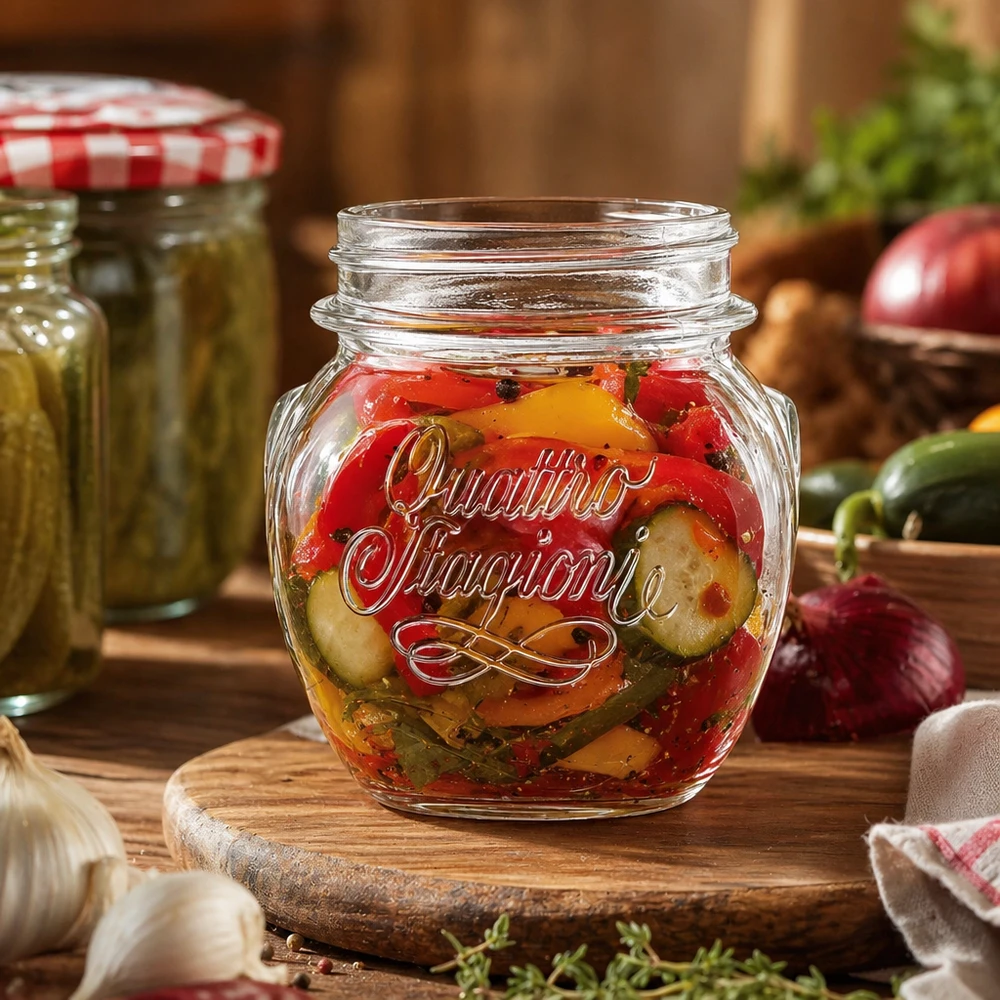 300ml Quattro Stagioni Einmachglas mit eingelegtem Gemüse auf Holzbrett in rustikaler Küche