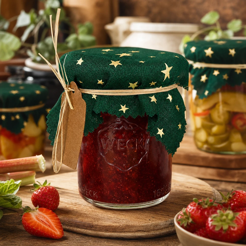 Grünes Sterne-Schmuckdeckchen 12cm eckig auf Erdbeermarmelade-Glas, rustikale Küchenszene mit frischen Erdbeeren