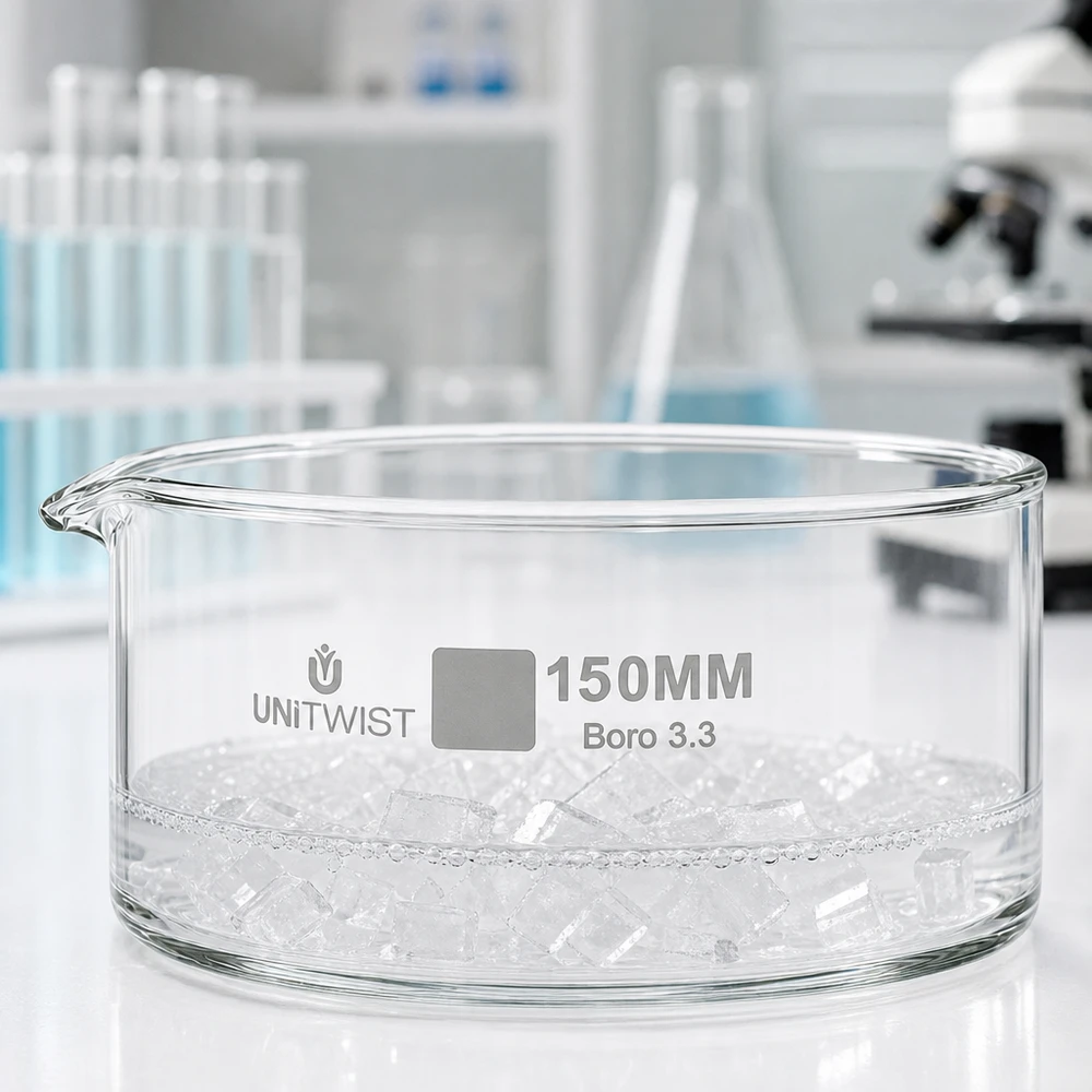 Kristallisierschale ø150mm Borosilikatglas 3.3 UNiTWIST für Labor und Gewerbe leer auf weißer Fläche