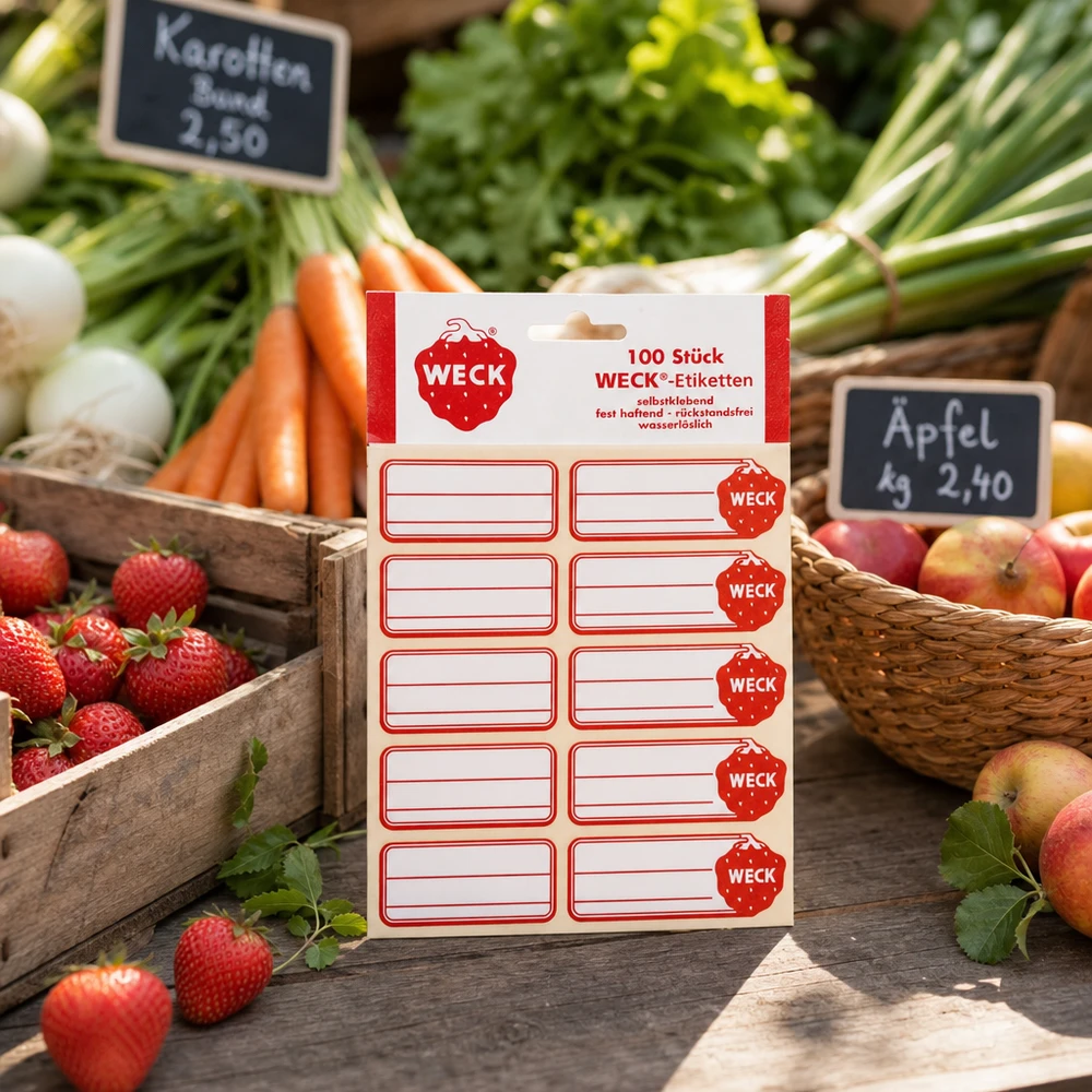 WECK Etiketten 19x13mm (Pack(s) mit 100 Stück) WECK Etiketten 100 Stück Packung im Marktstand zwischen frischem Obst Gemüse Karotten Erdbeeren Äpfeln