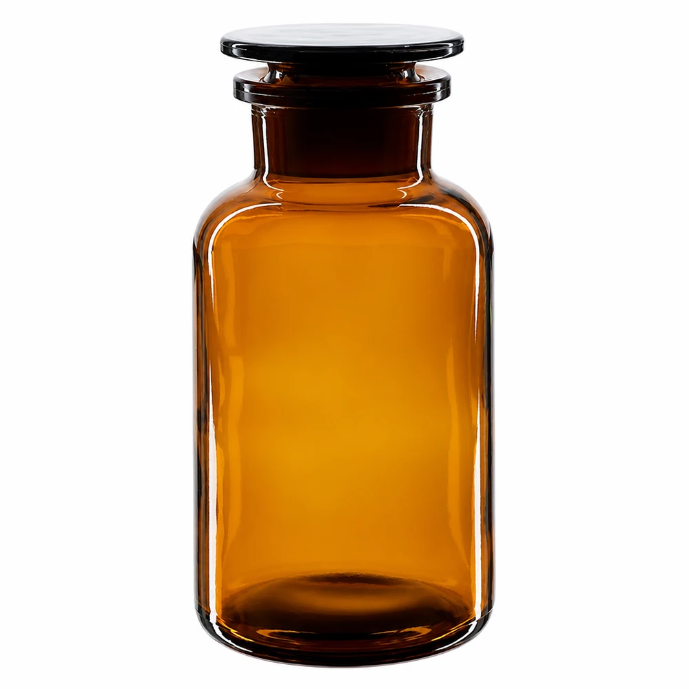 Braune Weithals-Rundschulterflasche 500ml aus Glas mit Glasstopfen für professionellen Laboreinsatz