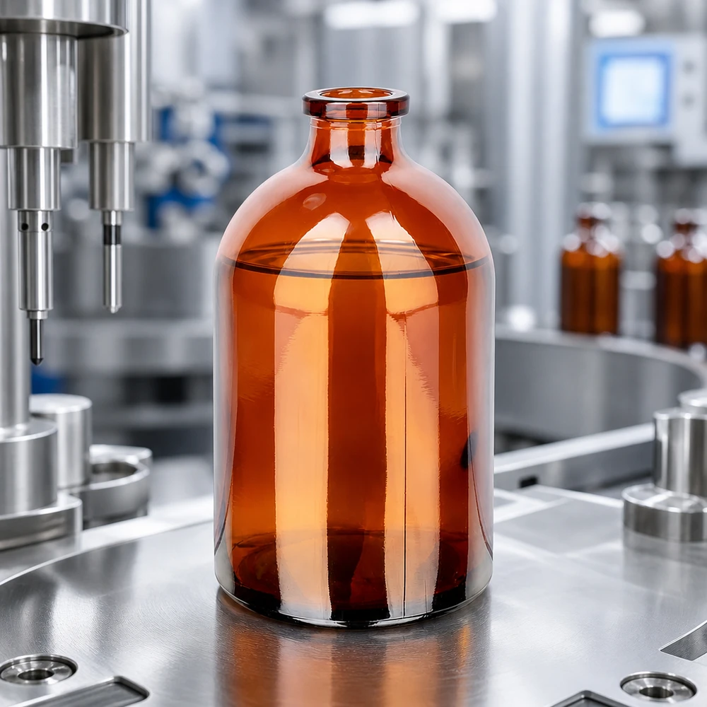 Injektionsflasche Braunglas 100ml Injektionsflasche Braunglas 100ml für pharmazeutischen Einsatz auf industrieller Abfüllanlage