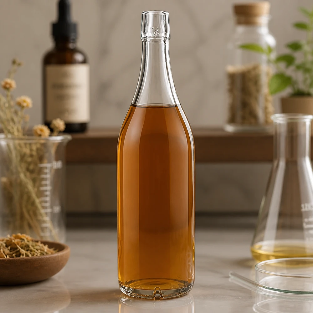 Glasflasche 1000ml UNiTWIST mit bernsteinfarbenem Inhalt in natürlicher Küchenumgebung mit Kräutern und Flaschen