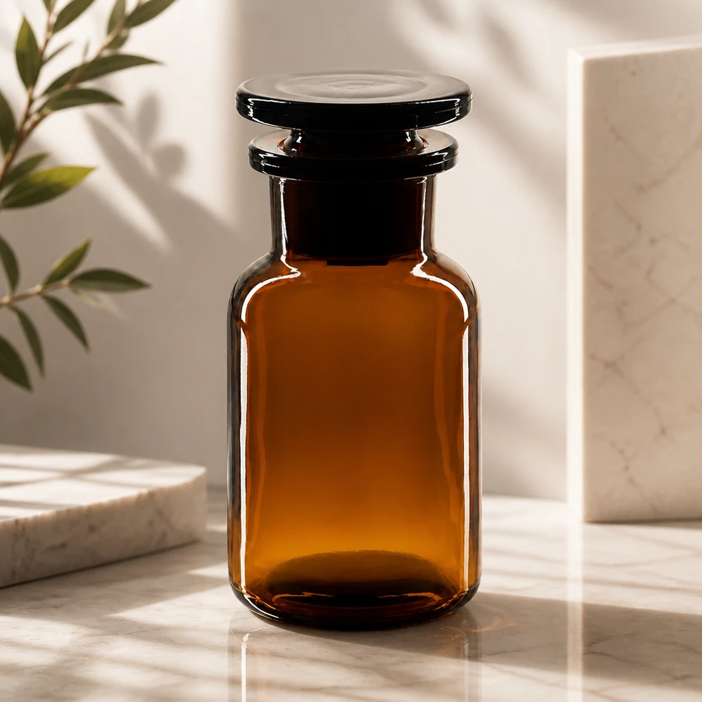 Braune Weithalsflasche 100ml Rundschulter mit Glasstopfen für Labor und Gewerbe