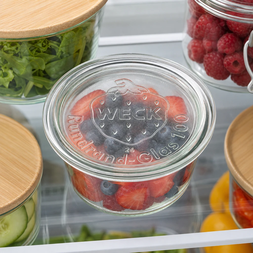 WECK Glasdeckel RR100 im Kühlschrank mit frischen Beeren und Gemüse in Aufbewahrungsgläsern gelagert