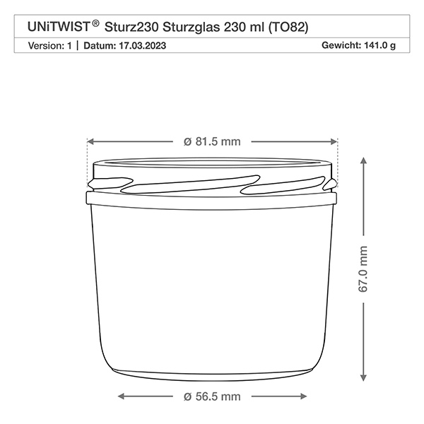 Technische Zeichnung 230ml Sturzglas mit Maßangaben und Produktdetails für präzise Größenvorstellung