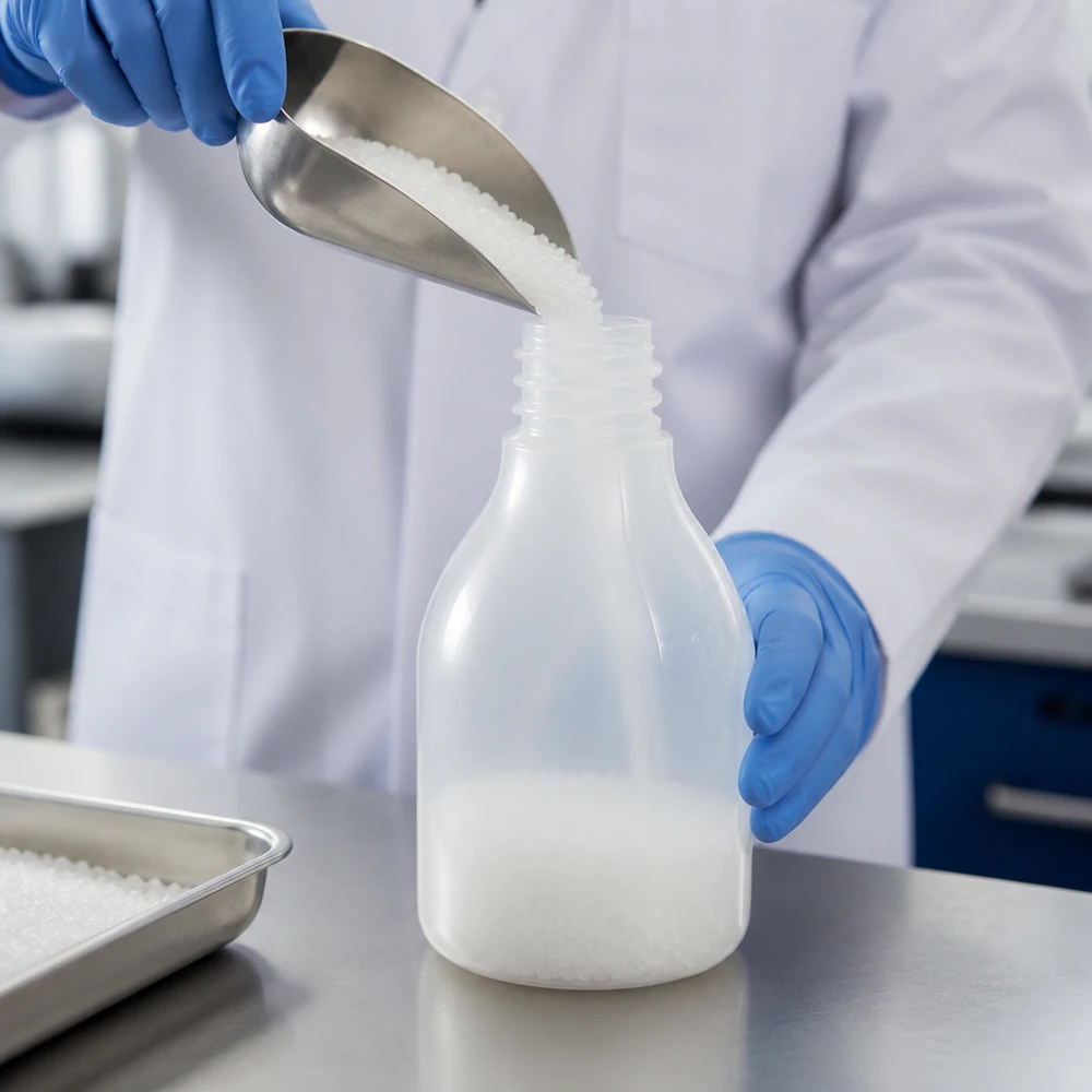 Labortechniker befüllt 30ml Enghals-Laborflasche aus HDPE mit weißem Granulat im professionellen Labor