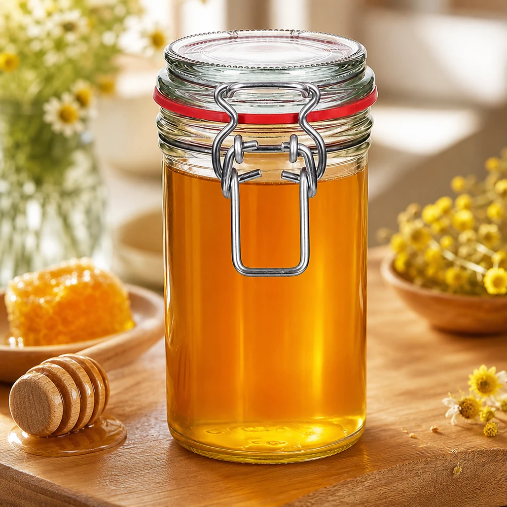 272ml Vorratsglas mit Bügelverschluss gefüllt mit Honig auf Holztisch für professionelle Lebensmittellagerung Pacadura
