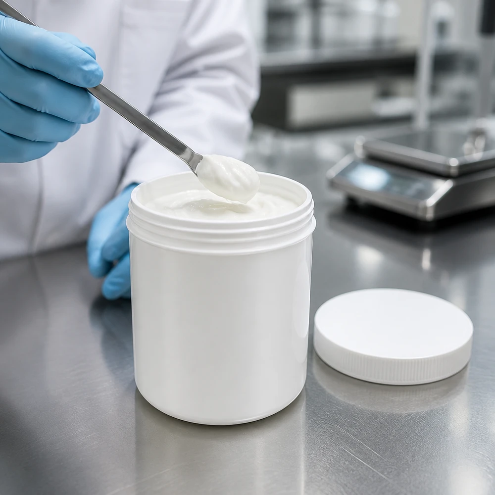 Salbenkruke 500g weiß mit weißem Schraubdeckel (Polypropylen) Salbenkruke 500g weiß aus PP mit Schraubdeckel für professionelle Abfüllung im Labor