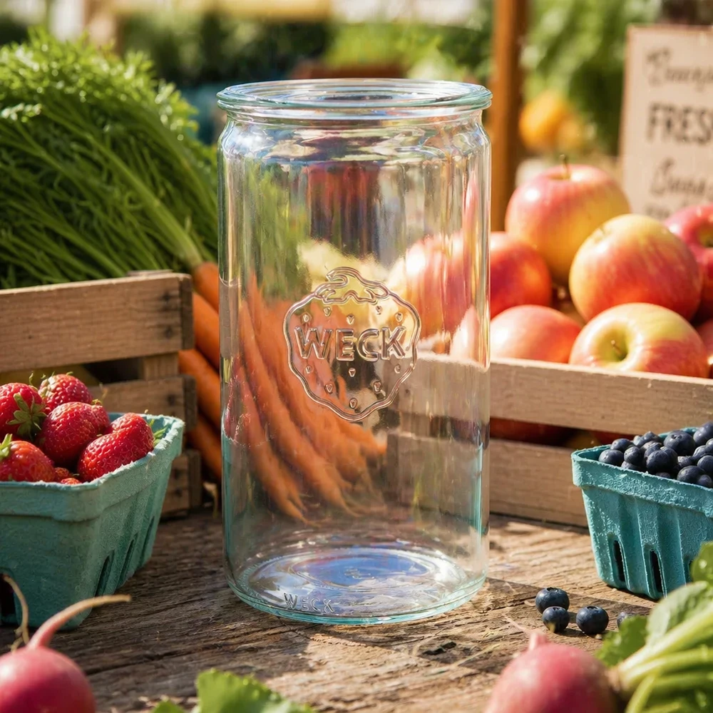 1590ml Zylinderglas WECK RR100 WECK RR100 Zylinderglas 1590ml leer auf Holztisch umgeben von frischem Obst Beeren und Gemüse in Marktatmosphäre