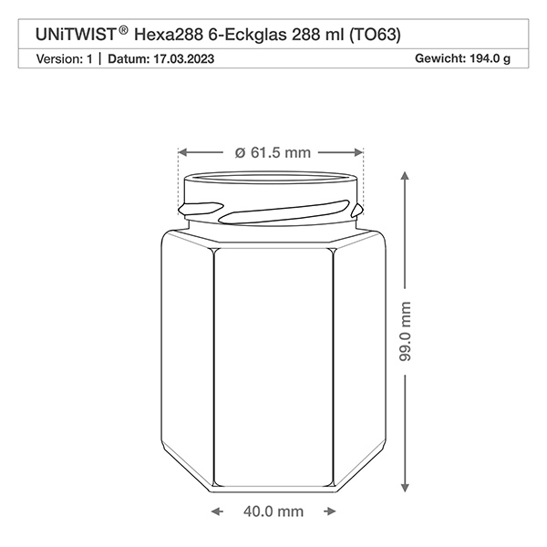 UNiTWIST Hexa288 6-Eckglas 288ml TO63 Technische Zeichnung mit Maßen Durchmesser 61,5mm Höhe 99mm Gewicht 194g