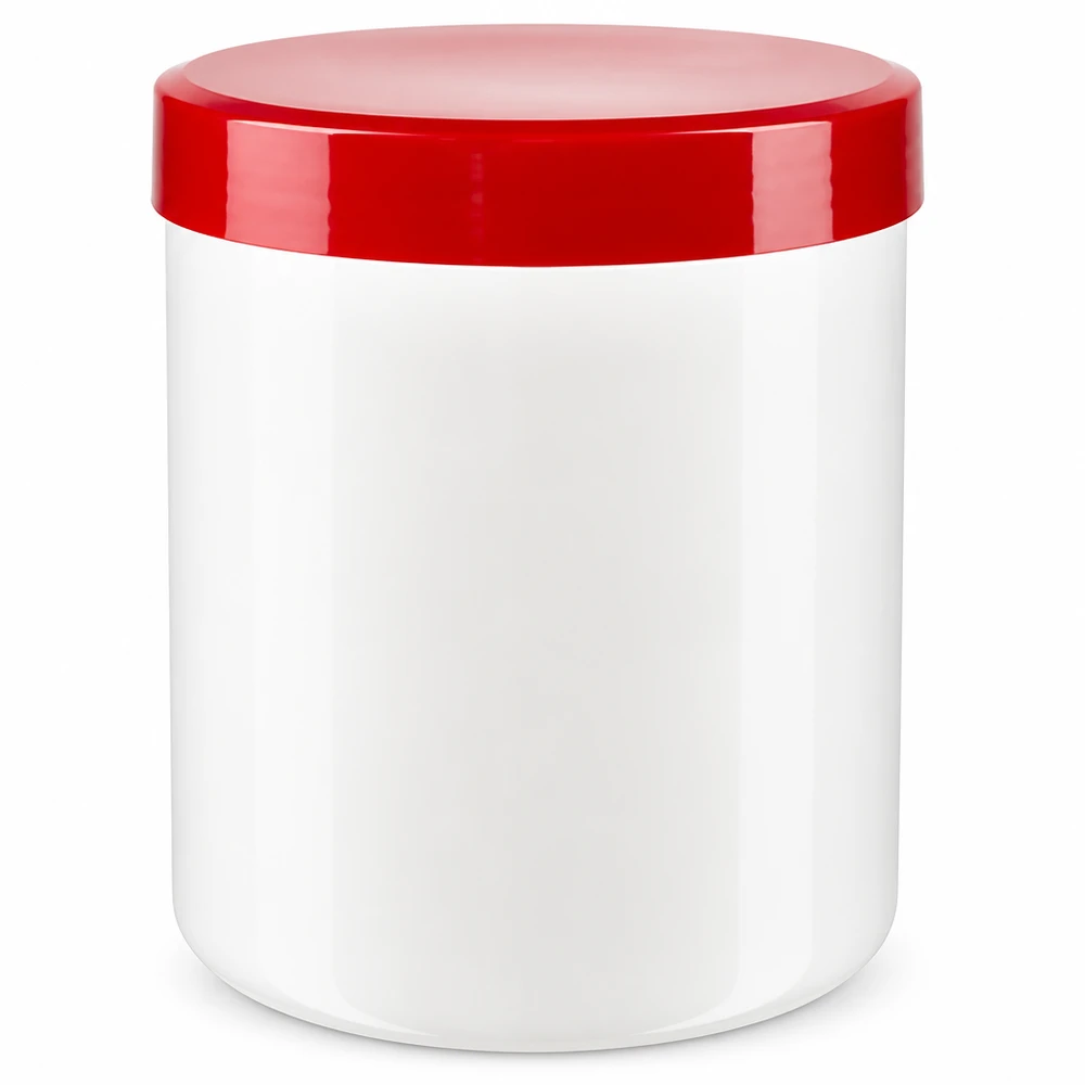 Salbenkruke 800g weiß mit rotem Schraubdeckel (Polypropylen) Salbenkruke 800g weiß mit rotem PP-Schraubdeckel für professionelle Abfüllung im Fachhandel